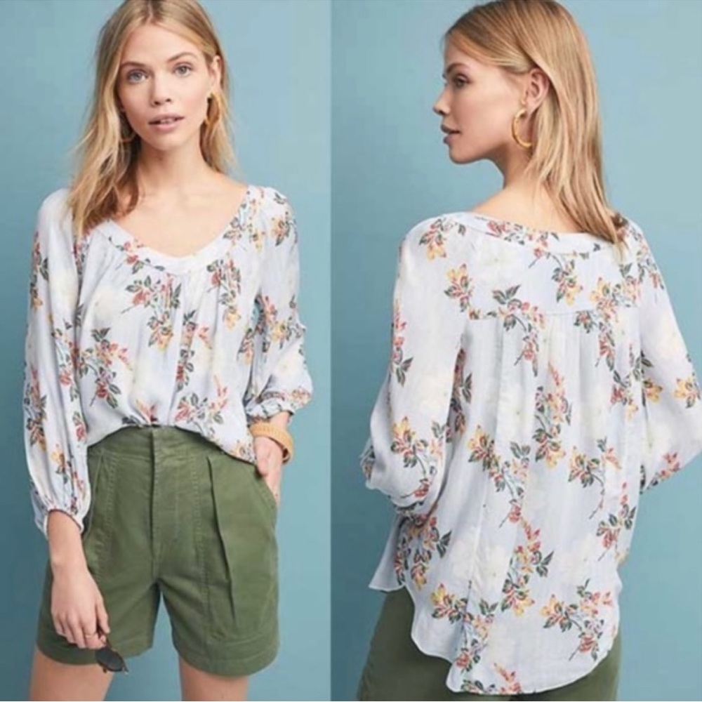 *EUC* Anthropologie Maeve Boswell Blouse Top in Blue Striped Floral Top, Size 4 - Picture 2 of 11
